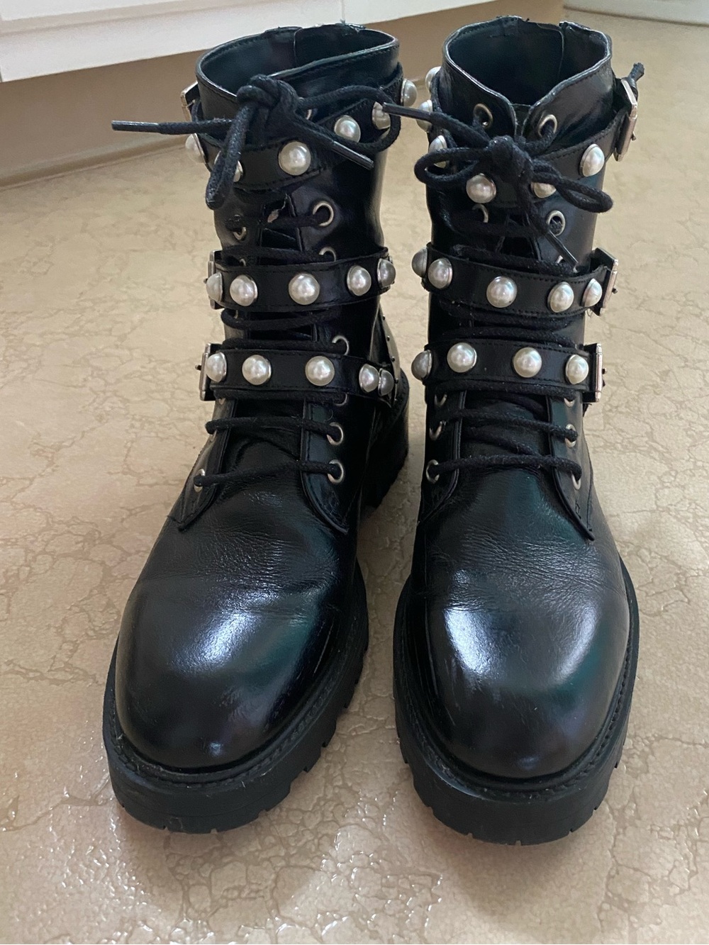 Zara Pearl-Embellished Black Combat Boots - Women's